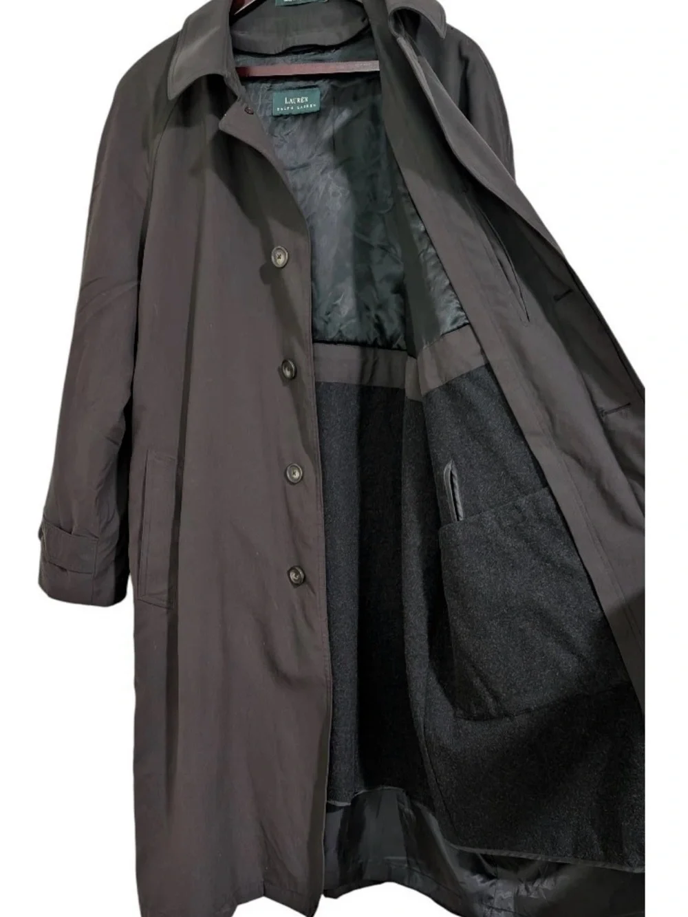Lauren Ralph Lauren Black Microfiber Trench Coat Removable Wool Liner Men's 46L